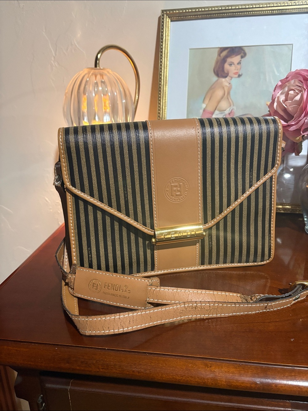 Fendi Black and Tan Striped Canvas Crossbody with Tan Leather Trim